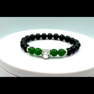 Natural polished Gemstone Green Jade and Black Obsidian stretch bracelet 7 inch